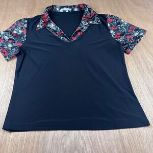 Claudia Richard Black Top XL Floral Collar & Sleeves Stretch